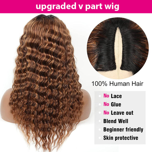 Deep Wave 4/27 Blonde Highlights V/U Part Human Hair Wig Beginner Friendly No Lace Meets Real Scalp