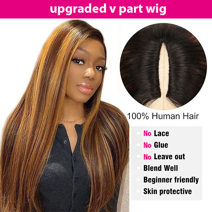 4/27 Blonde Highlight V/U Part Wigs Human Hair Straight V  display picture 1
