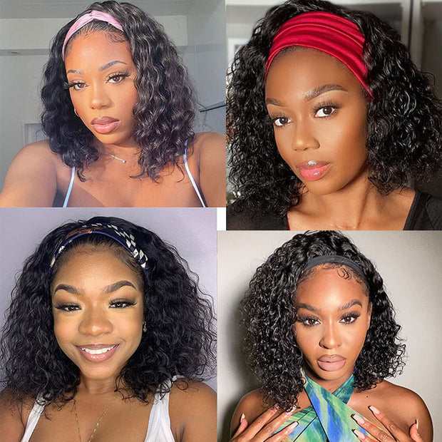 Water Wave Hair Headband Bob Wig 220% Density Glueless Human Hair Half Wig