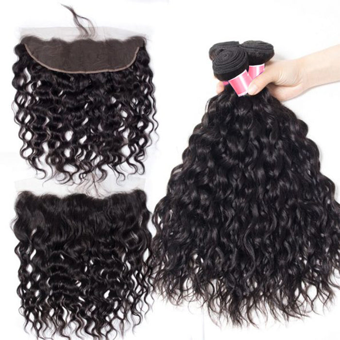 Malaysian Water Wave Virgin Hair Weave 3 Bundles With 13x4 Lace Frontal Ear To Ear