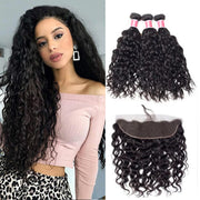 Malaysian Water Wave Virgin Hair Weave 3 Bundles With 13x4 Lace Frontal Ear To Ear