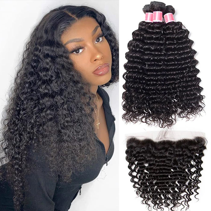 Brazilian Deep Wave Virgin Hair Weave 3 Bundles With 13*4 Lace Frontal