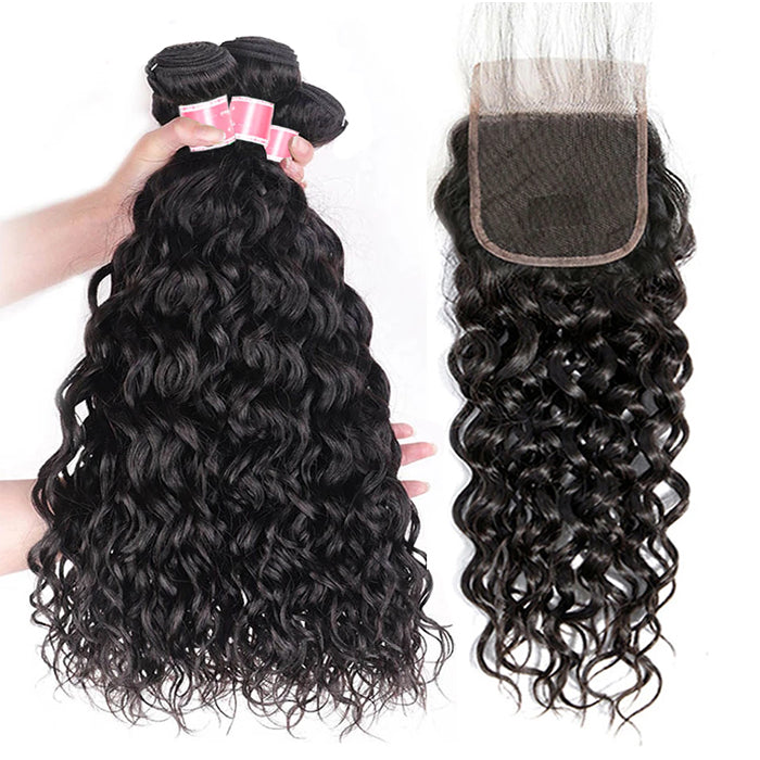 Brazilian Water Wave 4 Bundles with 4*4 Lace Closure Virgin Human Hair