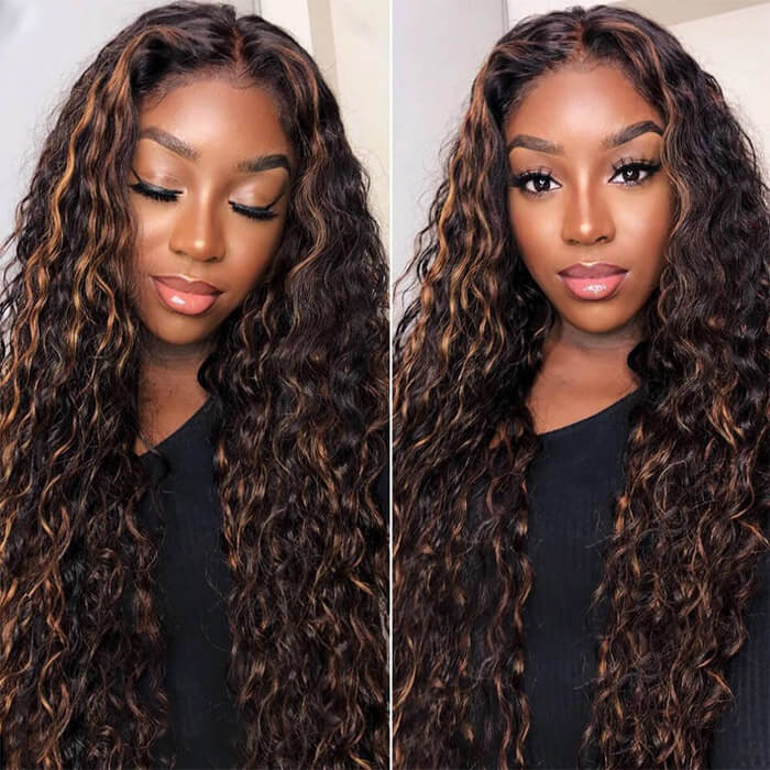 Water Wave Human Hair Lace Front Wigs #1B/30 Highlight Brown Wigs